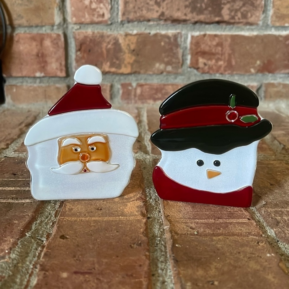 NIB PartyLite Santa & Snowman Glass Tealight Pair P9466